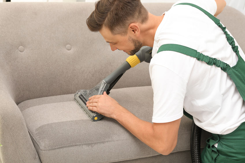 Male janitor removing dirt from sofa