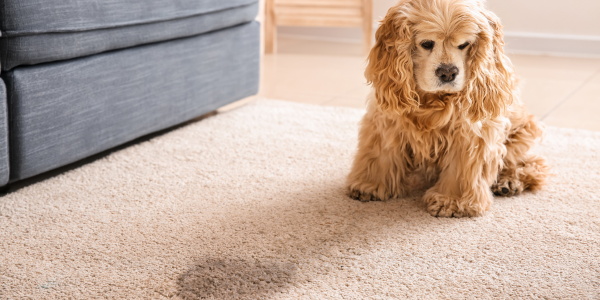 pee stain with pet oder on carpet with yellow dog