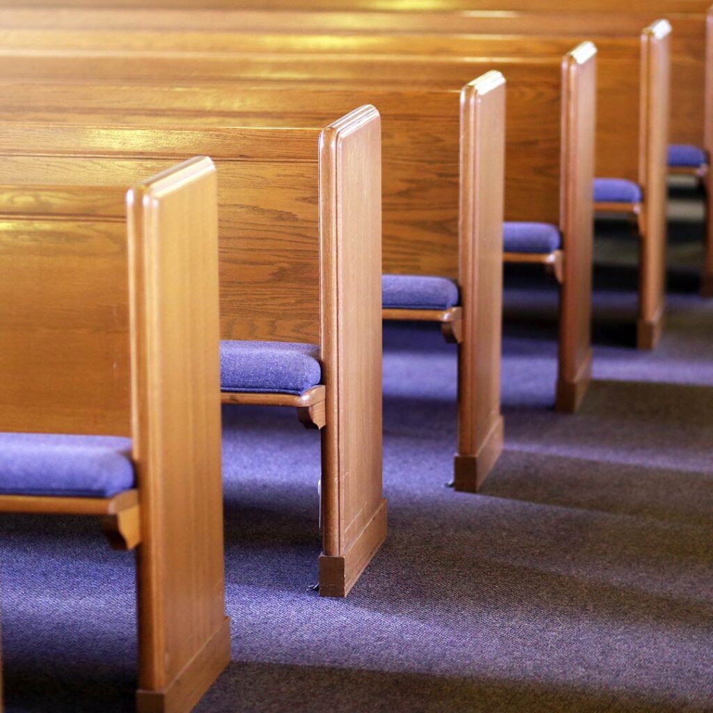 Church pews on carpet